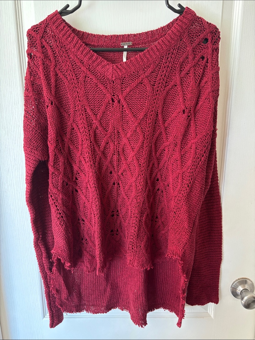 Free People Red Distressed Cable Knit V-Neck Sweater NWOT